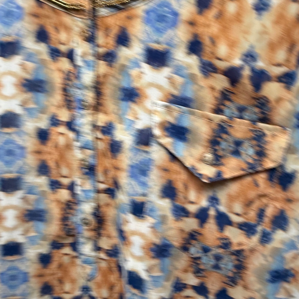 Nine West Vintage America Blouse Blue Orange Ikat Beaded Neck 3/4 Sleeve Large - Picture 5 of 8